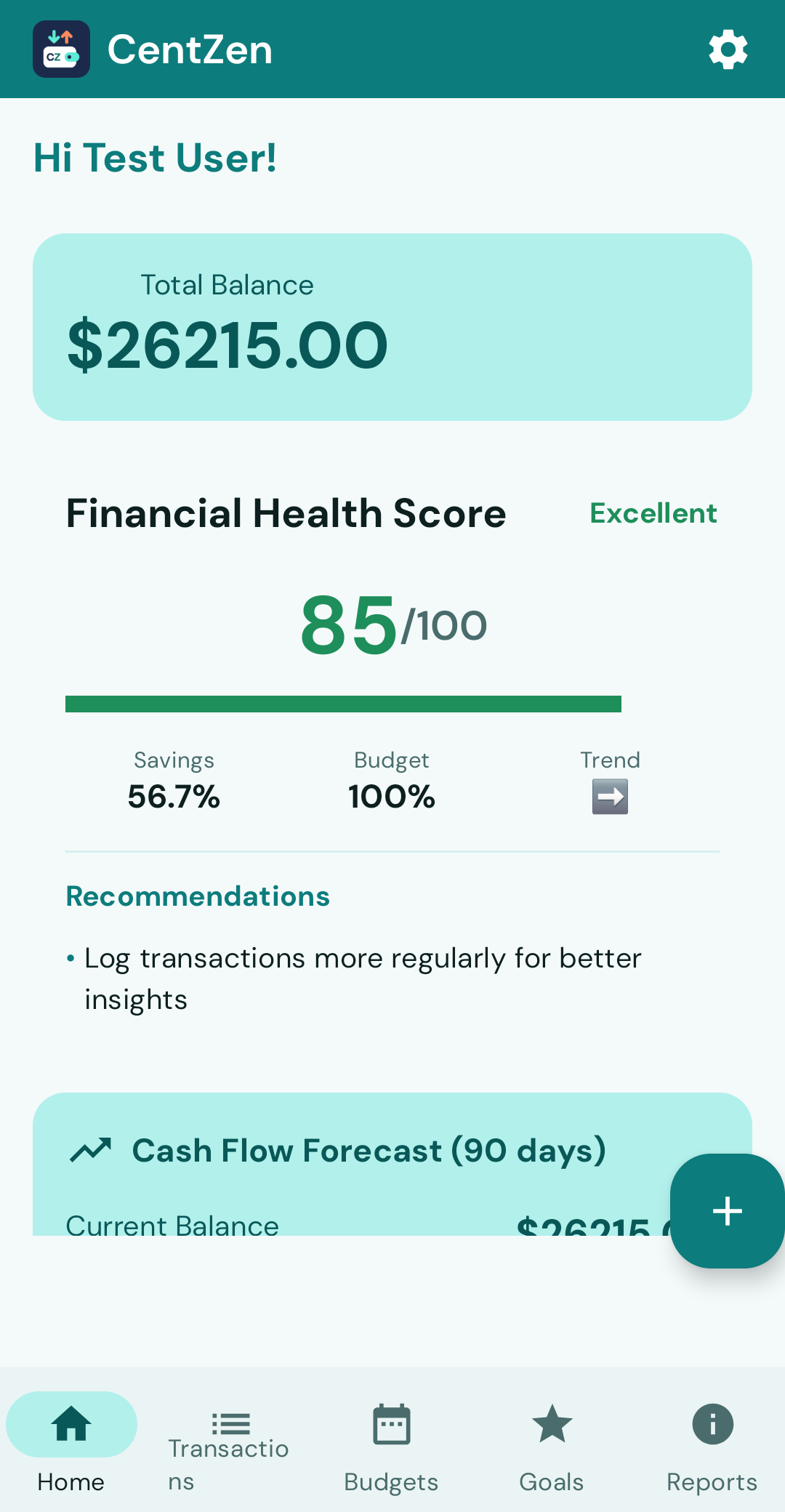 Home screen — total balance and financial health score