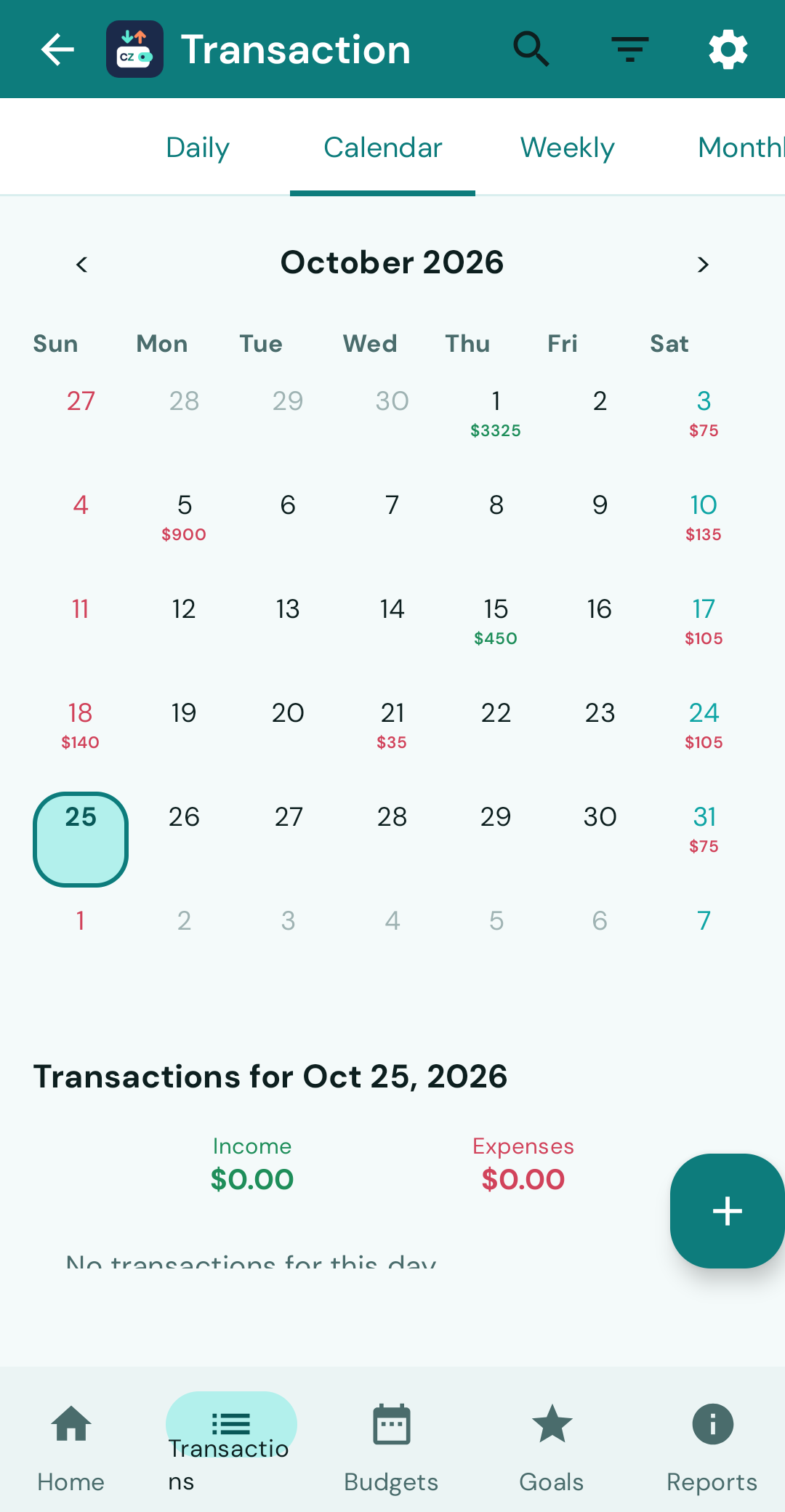 Transactions calendar — daily income and expense totals