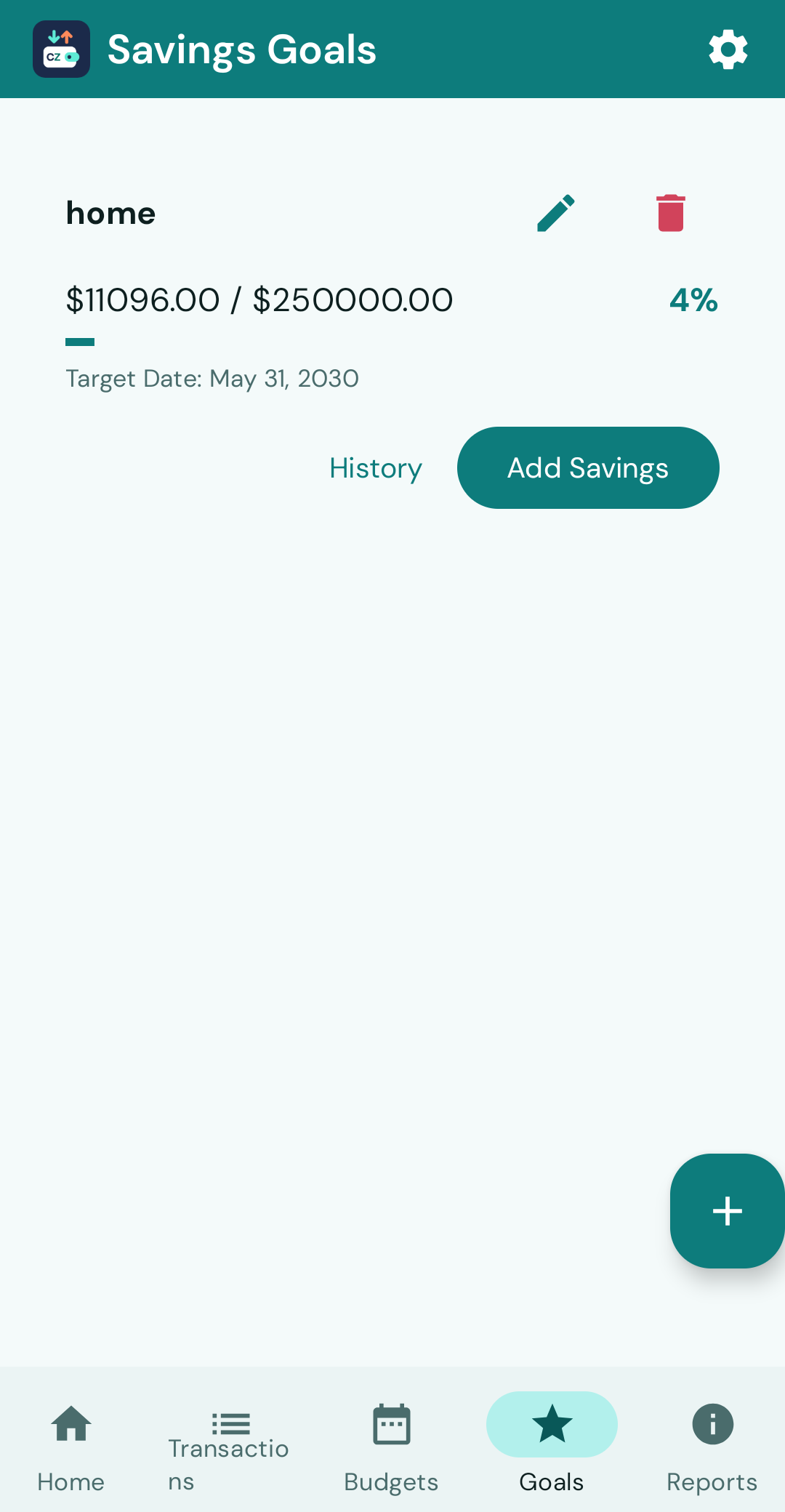 Savings goals screen — goal progress and target date