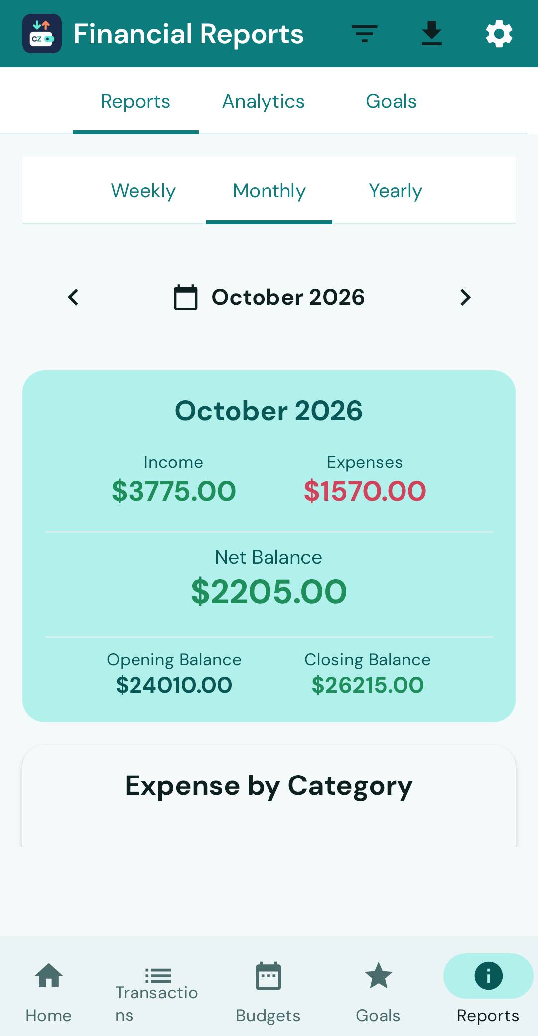 CentZen monthly report with income, expenses, and opening and closing balance
