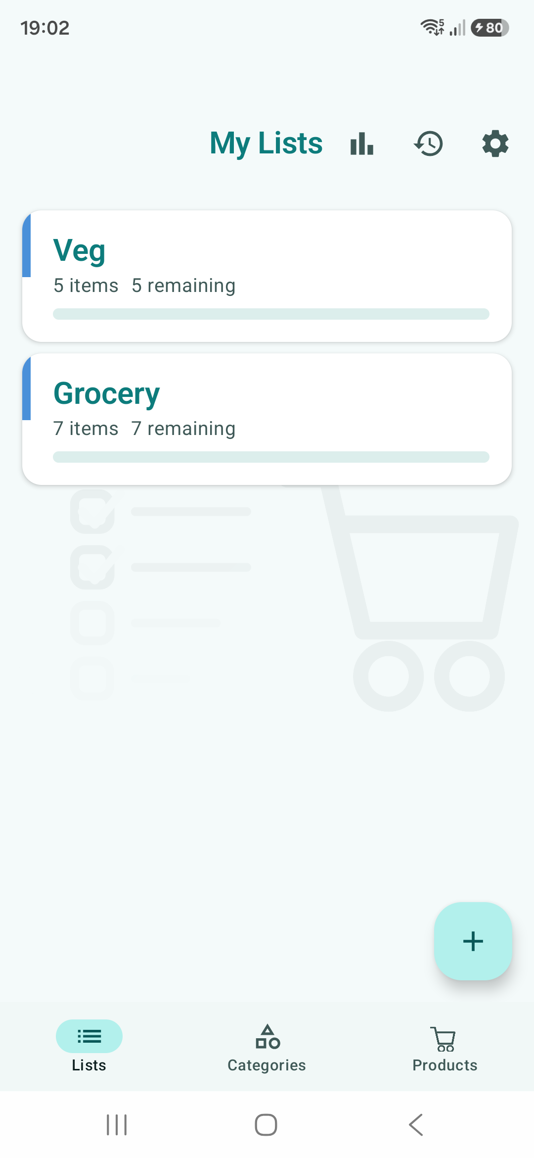 My Lists screen — Veg and Grocery lists with progress bars