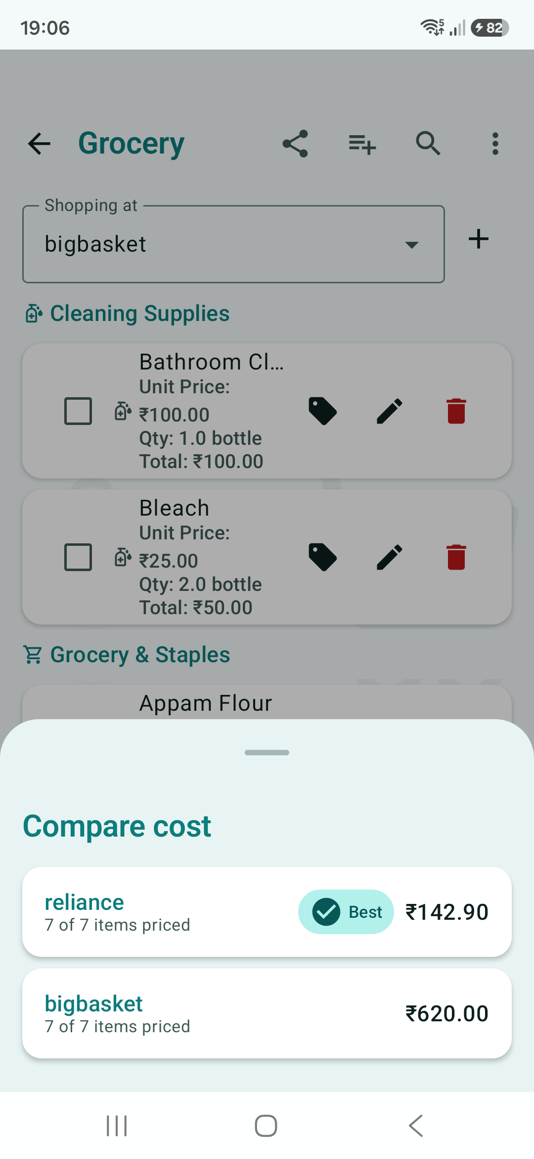 Compare cost screen — cheapest shop highlighted